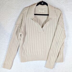 Lucky Brand Beige Ribbed V-Neck Collar Sweater